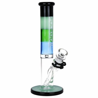 Pulsar Four-Tone Straight Tube Glass Water Pipe showcasing its vibrant four-tone coloring, bullet hole ice catcher, and included accessories. - Default Title