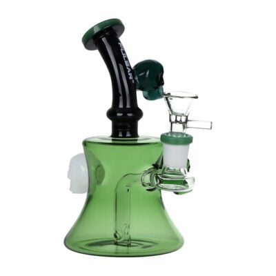 Pulsar Tri-Tone Gaggle of Skulls Hour-Glass Water Pipe showcasing intricate skull decorations, a bent mouthpiece, and a 14mm male herb slide. - Default Title