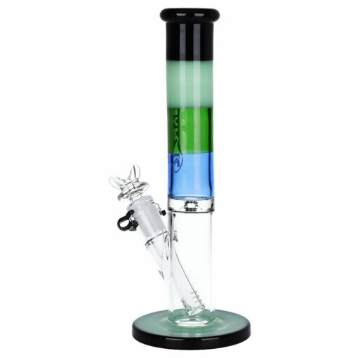 Pulsar Four-Tone Straight Tube Glass Water Pipe showcasing its vibrant four-tone coloring, bullet hole ice catcher, and included accessories.