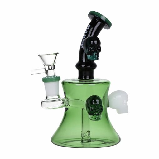 Pulsar Tri-Tone Gaggle of Skulls Hour-Glass Water Pipe showcasing intricate skull decorations, a bent mouthpiece, and a 14mm male herb slide.