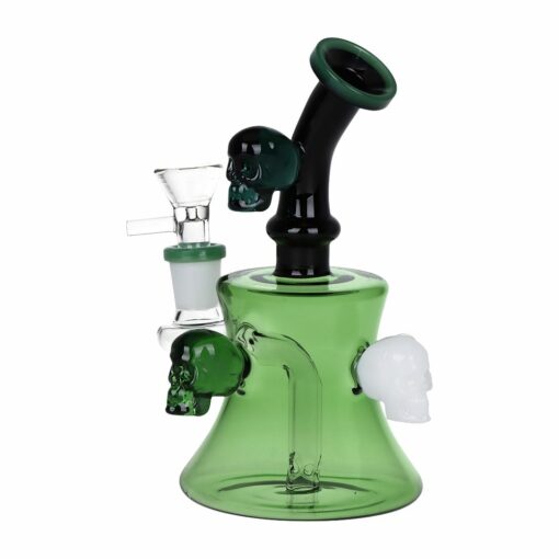 Pulsar Tri-Tone Gaggle of Skulls Hour-Glass Water Pipe showcasing intricate skull decorations, a bent mouthpiece, and a 14mm male herb slide.