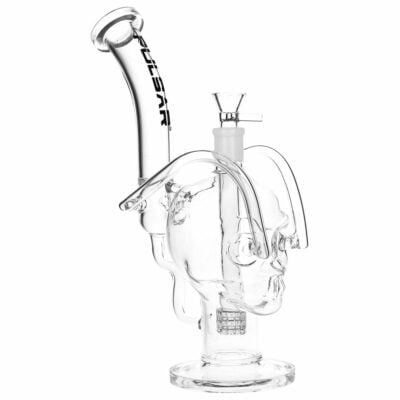 Pulsar Skull Eyes Recycler Glass Water Pipe standing 12.5 inches tall, featuring a skull shape with airflow through the eyes, matrix and honeycomb percolators, and a bent mouthpiece, made of durable borosilicate glass. - Default Title