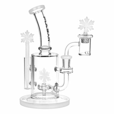 Pulsar Holidaze Series Glass Dab Rig Set featuring a snowflake design, slitted disc percolator, and matching vortex style carb cap. - Default Title