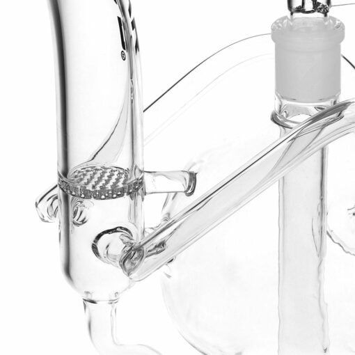 Pulsar Skull Eyes Recycler Glass Water Pipe standing 12.5 inches tall, featuring a skull shape with airflow through the eyes, matrix and honeycomb percolators, and a bent mouthpiece, made of durable borosilicate glass.