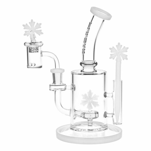 Pulsar Holidaze Series Glass Dab Rig Set featuring a snowflake design, slitted disc percolator, and matching vortex style carb cap.
