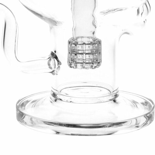 Pulsar Skull Eyes Recycler Glass Water Pipe standing 12.5 inches tall, featuring a skull shape with airflow through the eyes, matrix and honeycomb percolators, and a bent mouthpiece, made of durable borosilicate glass.