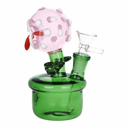 Pulsar Angry Flower Pot Glass Water Pipe showcasing its unique angry flower pot design, 5.5 inches tall, made of durable borosilicate glass with a fixed diffuser downstem.
