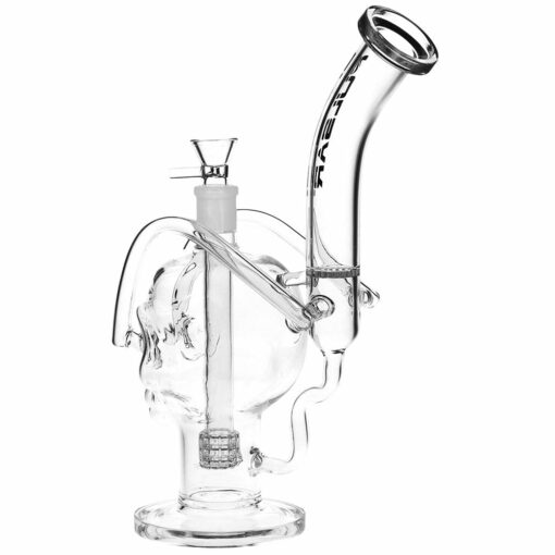 Pulsar Skull Eyes Recycler Glass Water Pipe standing 12.5 inches tall, featuring a skull shape with airflow through the eyes, matrix and honeycomb percolators, and a bent mouthpiece, made of durable borosilicate glass.
