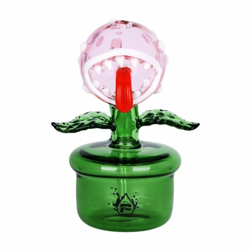 Pulsar Angry Flower Pot Glass Water Pipe showcasing its unique angry flower pot design, 5.5 inches tall, made of durable borosilicate glass with a fixed diffuser downstem.
