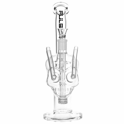 Pulsar Skull Eyes Recycler Glass Water Pipe standing 12.5 inches tall, featuring a skull shape with airflow through the eyes, matrix and honeycomb percolators, and a bent mouthpiece, made of durable borosilicate glass.