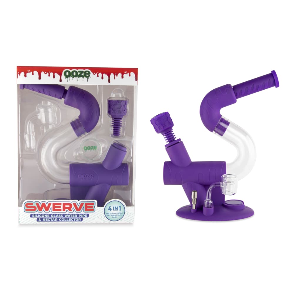 Ooze Swerve Silicone Water Pipe showcasing its 4-in-1 functionality as a bong, dab rig, dab straw, and vape pen adapter, designed for everyday smokers.
