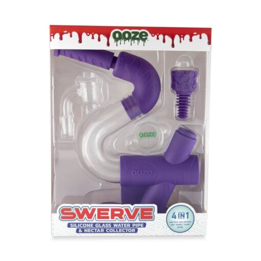 Ooze Swerve Silicone Water Pipe showcasing its 4-in-1 functionality as a bong, dab rig, dab straw, and vape pen adapter, designed for everyday smokers.