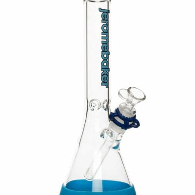 Jerome Baker EVO Beaker Bong showcasing its elegant borosilicate glass design, featuring a built-in ice catcher and ergonomic mouthpiece for smooth smoking. - Red, 16"