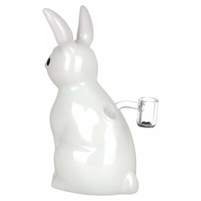 SeshGear White Rabbit Glass Dab Rig standing 7.5 inches tall, featuring a whimsical white rabbit design, fixed diffuser downstem, and 14mm male quartz banger. - Default Title