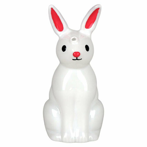 SeshGear White Rabbit Glass Dab Rig standing 7.5 inches tall, featuring a whimsical white rabbit design, fixed diffuser downstem, and 14mm male quartz banger.