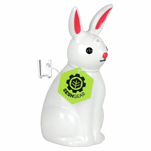 SeshGear White Rabbit Glass Dab Rig standing 7.5 inches tall, featuring a whimsical white rabbit design, fixed diffuser downstem, and 14mm male quartz banger.
