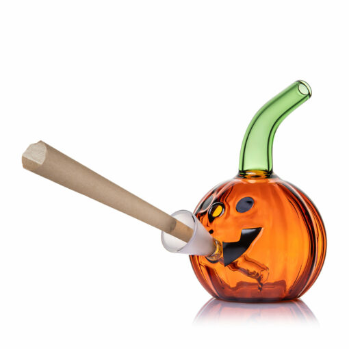 MJ Arsenal Jack O'Ripper Blunt Bubbler showcasing a vibrant jack-o'-lantern design, made from 100% borosilicate glass, perfect for water filtration.