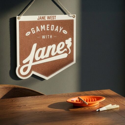 Gameday with Jane Pennant featuring vintage sports banner design, brass grommets, and felt-style material, ideal for hanging in game rooms or lounges.