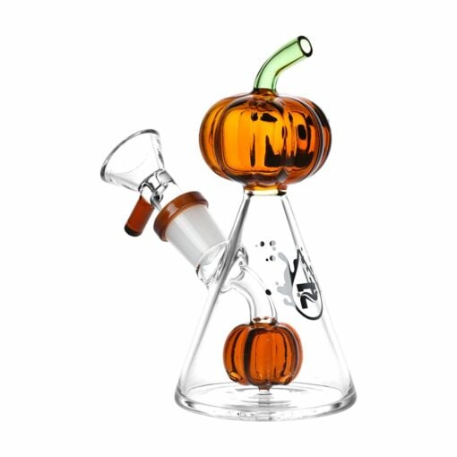 Pulsar Pleasant Pumpkin Pal glass water pipe featuring a whimsical jack-o-lantern design, standing 5.25 inches tall, ideal for everyday use.