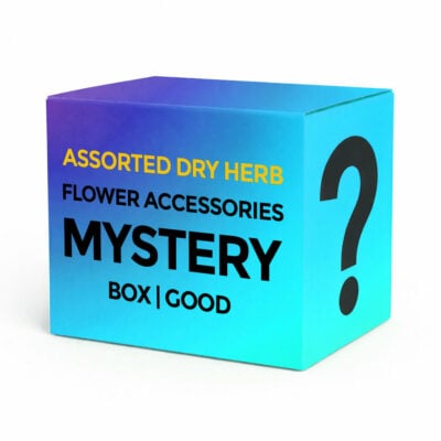 A collection of assorted dry herb flower accessories including rolling papers, grinders, and storage containers displayed in an elegant mystery box. - GOOD