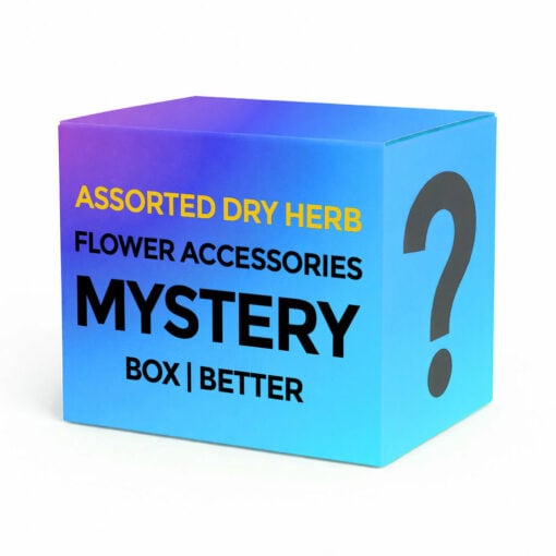A collection of assorted dry herb flower accessories including rolling papers, grinders, and storage containers displayed in an elegant mystery box. - BETTER