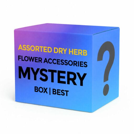 A collection of assorted dry herb flower accessories including rolling papers, grinders, and storage containers displayed in an elegant mystery box. - BEST